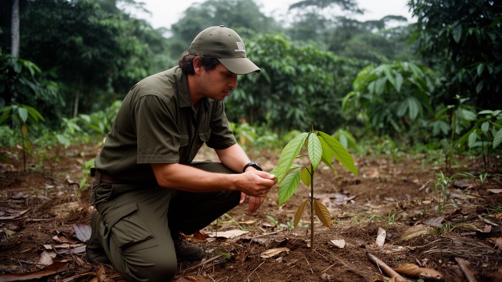 Field researcher examining a young agroforestry seedling in the Peruvian Amazon.